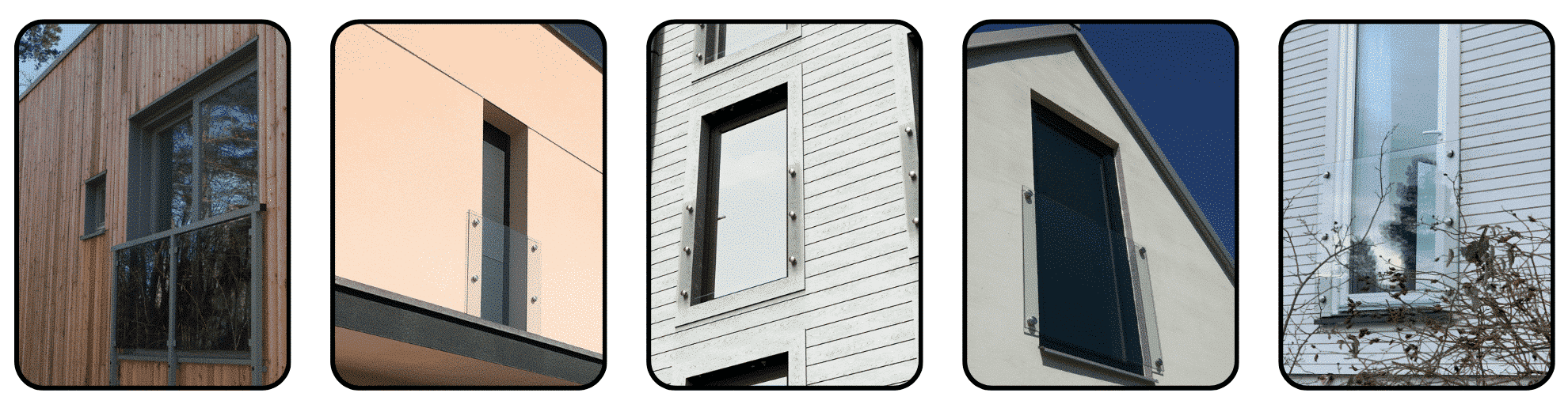 Beispiel für französische Balkone aus Glas, montiert an Holz-, Putz- und weiß gestrichenen Fassaden in verschiedenen Stilen.
