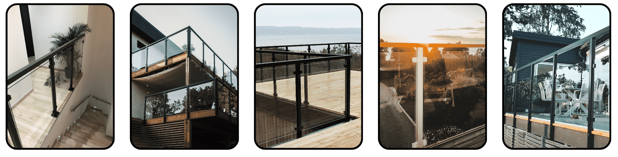 Bildcollage mit fünf Alu Classic Geländern in Schwarz und Weiß, bodenmontiert auf Terrassen, Balkonen und Treppen mit Glasfeldern.