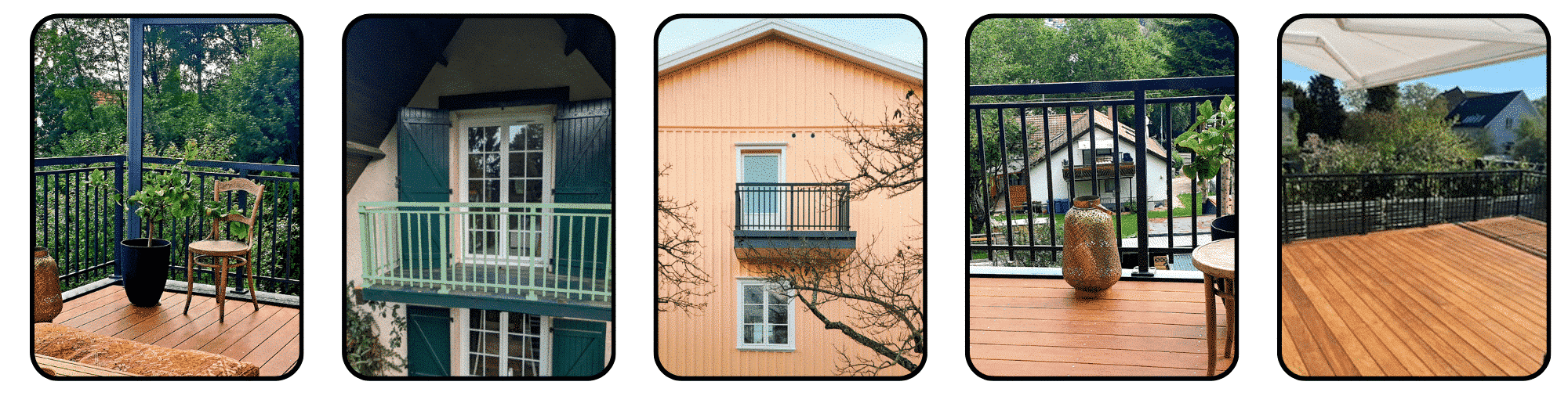 Fünf Bilder von schmiedeeisernen Geländern in Schwarz und Grün, montiert als Terrassengeländer, Balkongeländer und Geländer für Wintergärten in vielfältigen Umgebungen.