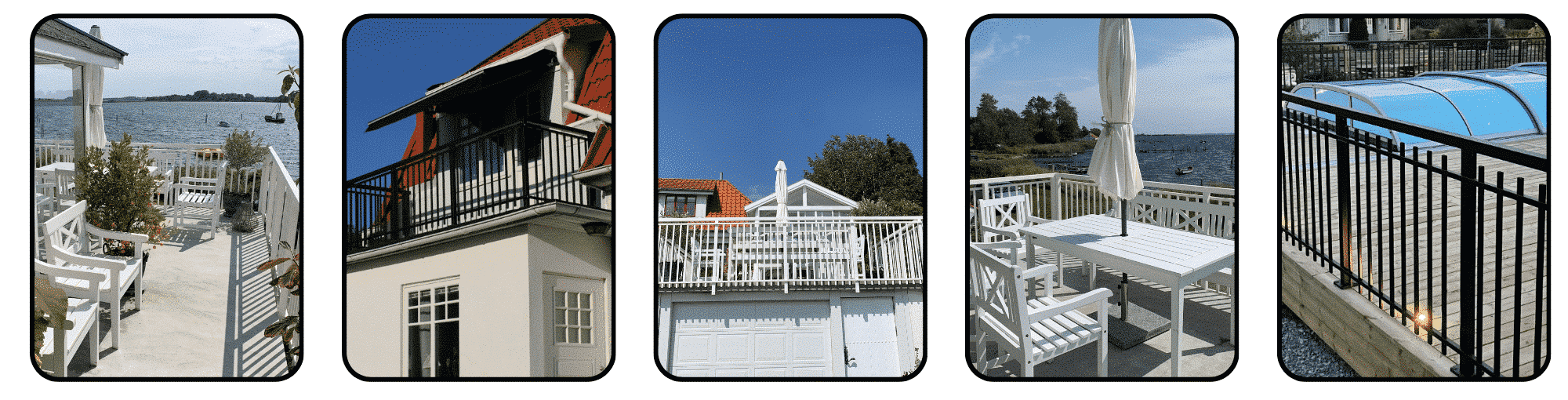 Fünf Bilder mit weißen und schwarzen schmiedeeisernen Geländern im klassischen Stil, montiert an Terrassen, Balkonen und Poolbereichen mit Ausblick auf Meer oder Garten.
